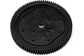 A black plastic RC spur gear with a central hole and multiple small holes around the center, isolated on a white background.