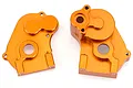 Two orange anodized aluminium gearbox case halves for an HSP RC4 or Kulak RC crawler, shown against a white background.