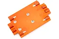 An orange anodized aluminium lower chassis plate for an HSP Kulak RC crawler, featuring mounting holes and integrated hinge points.