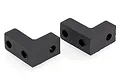 Two black L-shaped plastic servo mounts for RC cars, shown from an elevated angle against a white background.