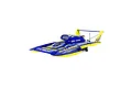 Pro Boat Miss Illinois U-34 RC hydroplane boat in blue and yellow livery viewed from the front right against a plain white background.