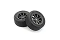 Two black RC street tyres mounted on dark 8-spoke wheels against a clean white background.