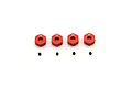 Four red anodized aluminium wheel hexes with branding and four small set screws arranged on a white background.