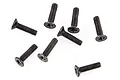A collection of eight black metal countersunk head screws with a cross-head drive, arranged on a plain white background.