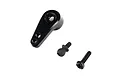 Axial black aluminium servo horn pictured with a ball stud and a mounting screw on a clean white background.