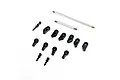 Axial steel wide steering links set featuring metal shafts, black plastic rod ends, and ball studs on a white background.