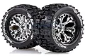 Two Louise 2.8 inch MT-Pioneer monster truck tyres pre-glued onto shiny chrome-finished multi-spoke RC wheels.