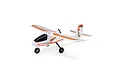 HobbyZone AeroScout S 2 1.1m RC airplane in white, orange, and grey livery viewed from the front right side.