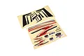 Two E-Flite Habu STS decal sheets featuring black, red, silver, and white graphics, logos, and snake eye motifs.