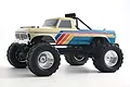 FMS Ford F-100 RS RC monster truck in beige and blue with retro stripes, viewed from the side against a white background.