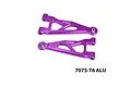GPM aluminium front lower suspension arms in purple for RC cars, featuring machined cutouts and text markings against a plain background.