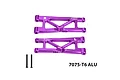 Two purple anodized aluminium rear lower suspension arms with mounting pins and GPM Racing branding against a white background.