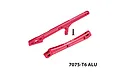 GPM aluminium front and rear chassis brace set in red with mounting hardware and branding text.