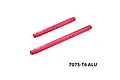 Two red anodized aluminium centre chassis braces with laser-etched branding against a clean white background.