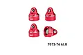 Four red anodized aluminium shock caps with silver chamfered edges and branded logos on a clean white background.