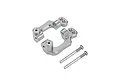 Two grey aluminium hub carriers and two matching metal screws isolated on a clean white background.