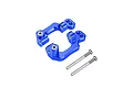 Two blue anodized aluminium hub carriers and two metal screws on a white background.