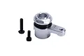 GPM aluminium 25T servo horn with servo saver in silver, accompanied by two black metal screws on a white background.