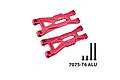 Two red anodised aluminium front lower suspension arms and four black screws on a white background.
