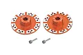 Two orange anodised aluminium brake disc wheel hexes with silver accents and two threaded pins on a white background.