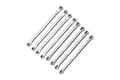 GPM aluminium upper and lower link bar set in silver consisting of eight pieces with pre-installed rod ends against a white background.