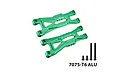 GPM green aluminium front lower suspension arms set with mounting hardware on white background.