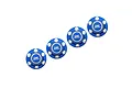 Four blue anodized aluminium wheel nuts with silver inlays and branding from GPM Racing arranged diagonally against a white background.