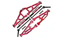GPM red aluminium suspension arms with metal driveshafts, turnbuckles, and mounting hardware laid out on a white background.