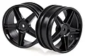 Two black five-spoke RC buggy rims shown from a front-facing angle against a white background.