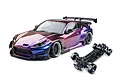 MST GR86RB RC car with iridescence purple painted body and separate chassis on a white background