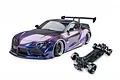 MST A90RB RC drift car in iridescence purple with a wide body kit and a separate chassis displayed against a white background.