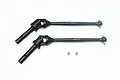 Two black metal front CVD driveshafts and two small grub screws laid out on a plain white background.