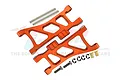 GPM aluminium rear lower suspension arms in orange with associated hardware pins, screws, and clips against a white background.