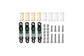 GPM Aluminium 26mm adjustable shocks in green and black with extra springs, mounting balls, and screws arranged on a white background.