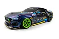 HPI Stage-D10 Ford Mustang GT RC drift car in 1/10 scale featuring vibrant blue and black livery with bright green wheels.