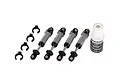 Set of four grey aluminium GTM shock absorbers with springs clips and shock oil against a white background.