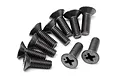A group of ten black metal countersunk head screws with Phillips drive heads arranged on a white background.