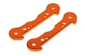 Two orange anodized metal suspension arm pin braces for HPI Savage RC cars, shown against a white background.