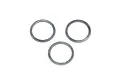 Three thin, circular metal shims arranged in a triangle formation against a plain white background.