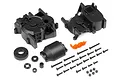 HPI Savage centre gearbox case set including two main housing halves, a motor mount, small plastic parts, and various screws and nuts.