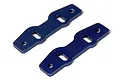 Two blue anodized aluminium engine mounting plates for RC cars, featuring two circular holes and two elongated slots each.
