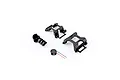 Studio product view of black plastic drone frame parts, mount components, and a buzzer with wires on a white background.