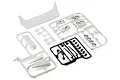 Killerbody 1/10 Lancia Rally 037 accessories set showing unpainted plastic parts trees, chrome buckets, and a rear wing on a white background.