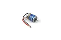 Maverick 550 size brushed electric motor with blue label, output shaft, and pre-soldered wires with bullet connectors on a plain white background.