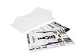 Kyosho 1/12 unpainted clear body shell and matching sticker sheet on a white background.