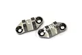 Kyosho gunmetal aluminium front upper pivot mounts, two pieces labeled L and R against a plain white background.
