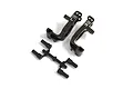Kyosho aluminium steering hub carriers in gunmetal with associated plastic parts on a white background.