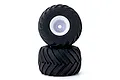 Kyosho 2.3 inch monster truck V-shaped black rubber tyres mounted on white rims, set of two against a plain white background.