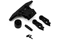 Studio product shot of a black plastic Maverick rear bumper assembly with wheelie bar components, wheels, and screws.