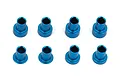 Team Associated blue anodized aluminum caster hat bushings arranged in two rows of four on a white background.